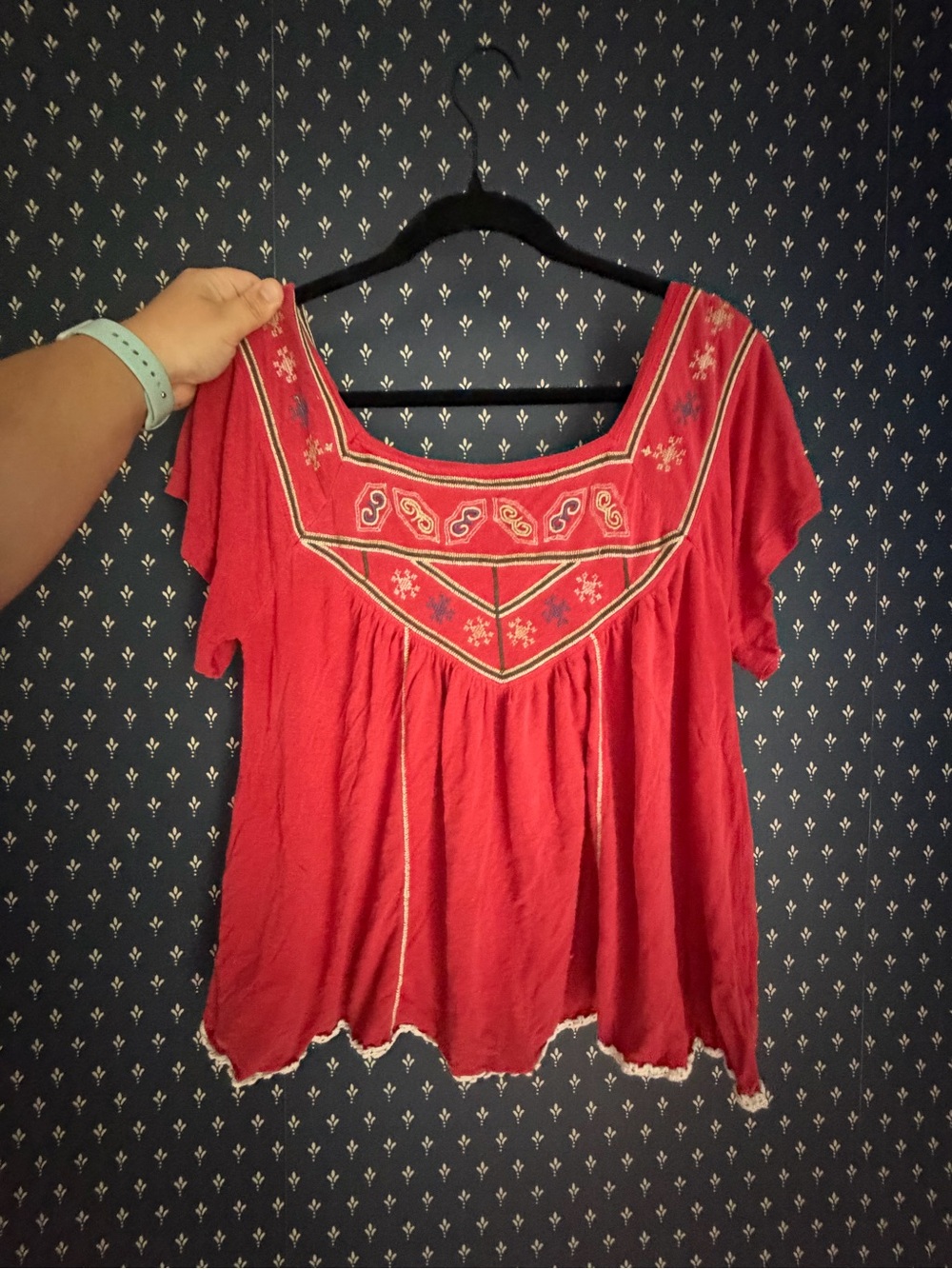 Free People Red Embroidered Boho Peasant Top